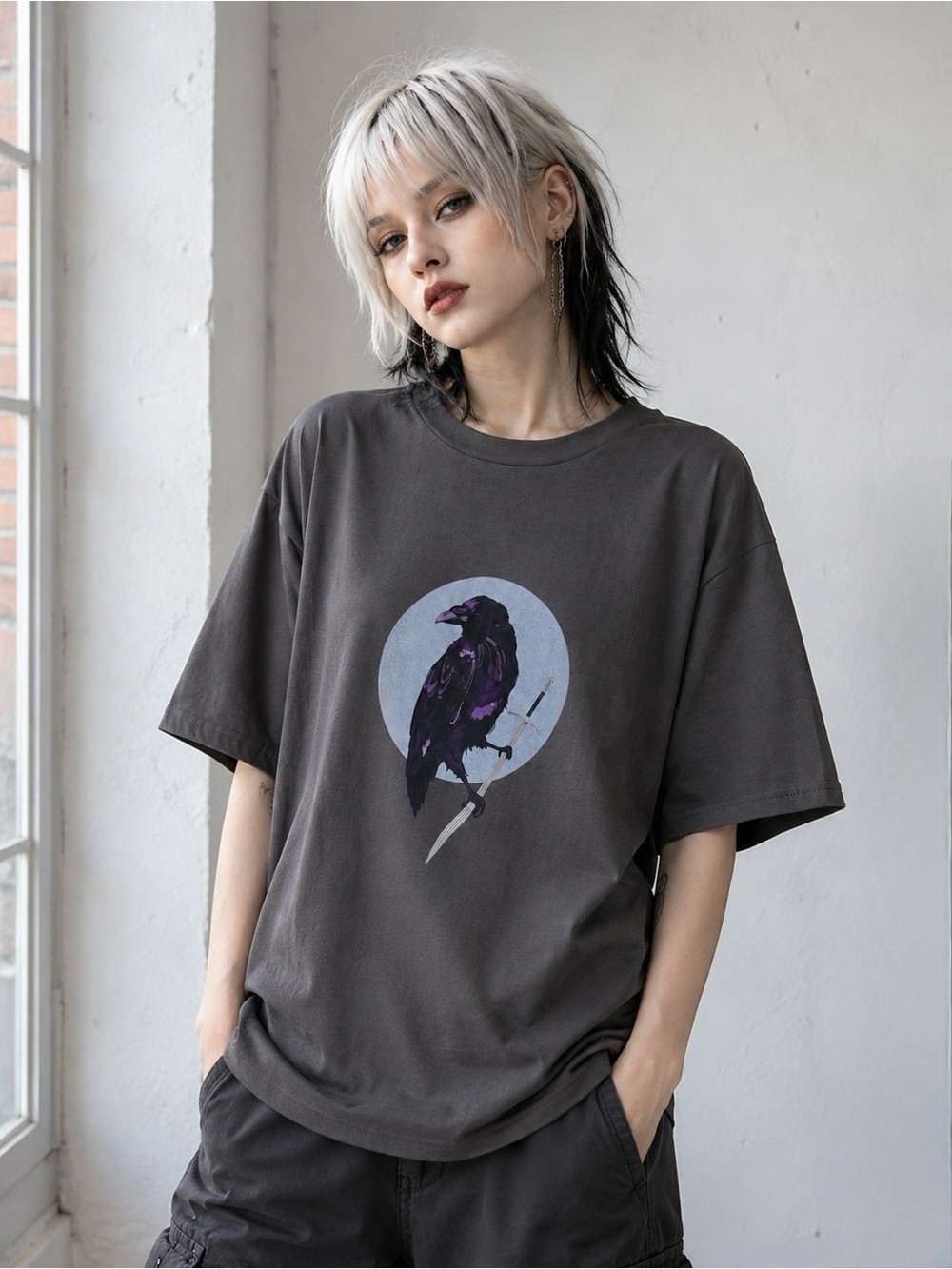 Rare KLYN The Raven Smoked Gray Graphic Tee Deadstock Goth Streetwear - L - NWT